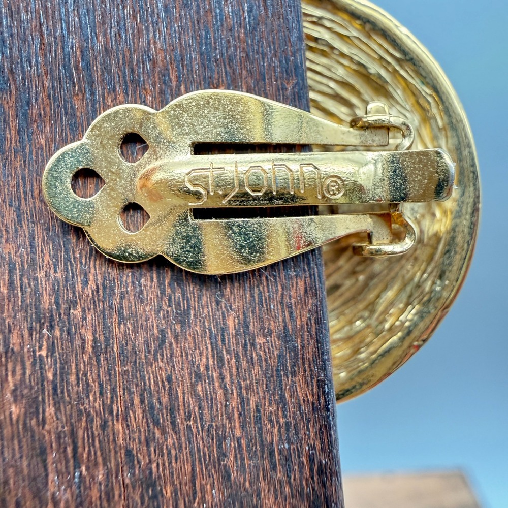 St John Vintage Gold Tone SJ Logo Sunburst Clip On Button Earrings 1.25 Inch - Picture 5 of 9